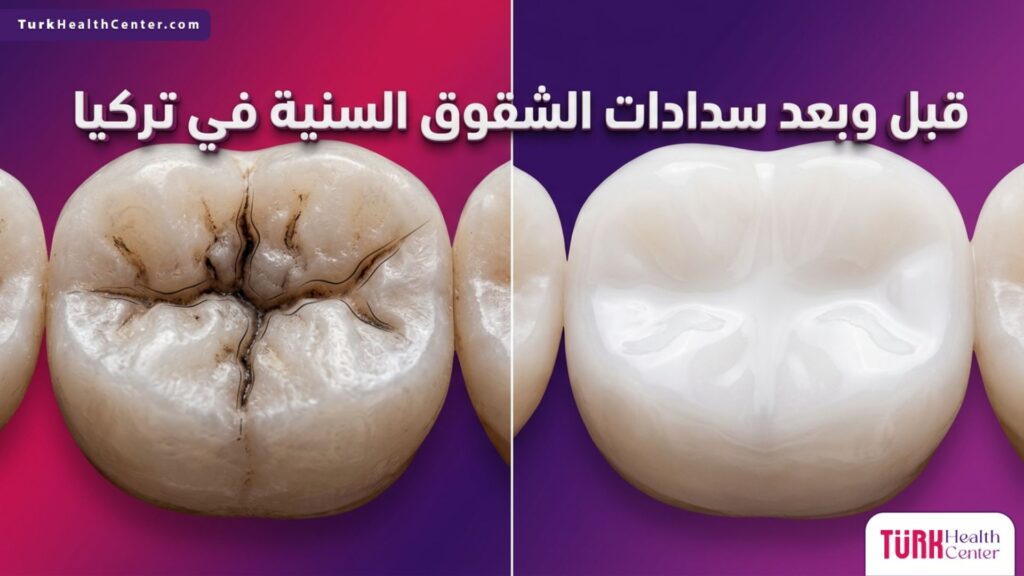 صورة مقسمة توضح شكل السن قبل وبعد تطبيق سدادات الشقوق السنية في تركيا لمنع التسوس.