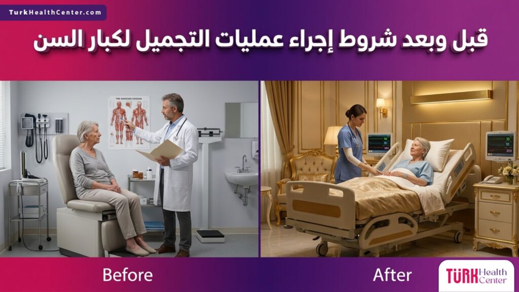مقارنة قبل وبعد توضح بيئة التقييم والاستعداد مقابل بيئة التعافي الفاخرة المرتبطة بـ شروط إجراء عمليات التجميل لكبار السن.