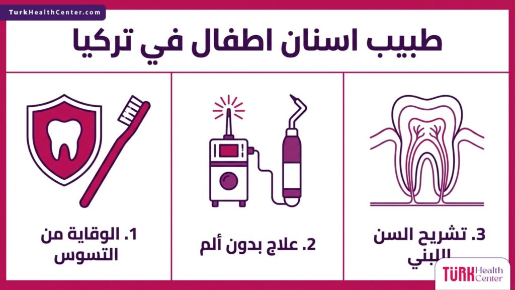 إنفوجرافيك يوضح خطوات الرعاية وطرق العلاج الحديثة لدى طبيب اسنان اطفال في تركيا.