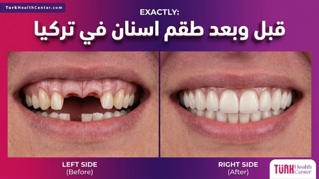 مقارنة واقعية تظهر حالة الفم قبل وبعد تركيب طقم اسنان في تركيا للحصول على ابتسامة مثالية.