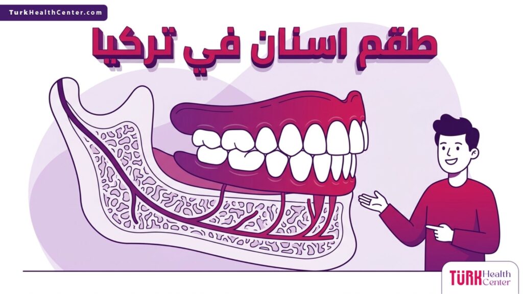 إنفوجرافيك طبي دقيق يوضح التشريح الداخلي للفك واللثة ومطابقتها الهندسية مع طقم اسنان في تركيا.