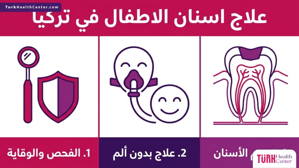 إنفوجرافيك تعليمي يشرح 3 مراحل أساسية لنجاح علاج اسنان الاطفال في تركيا.