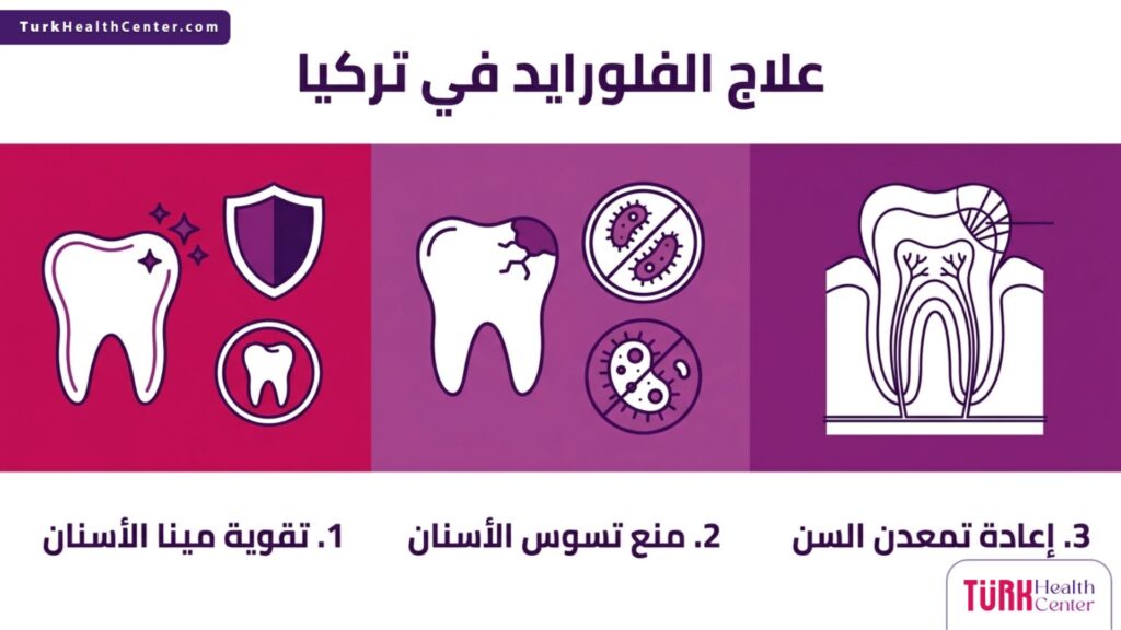 تصميم إنفوجرافيك يشرح خطوات وفوائد علاج الفلورايد في تركيا