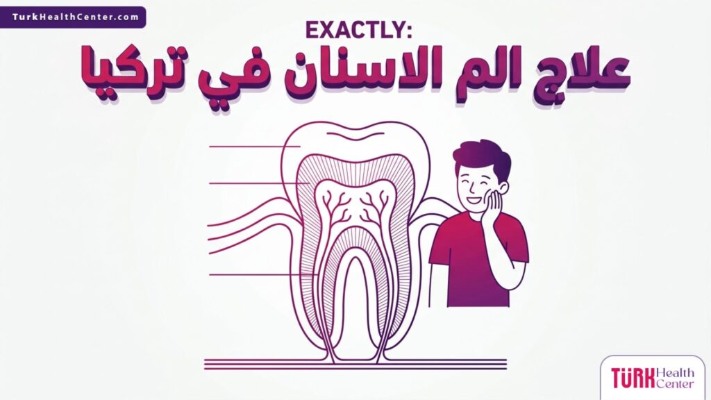 رسم تشريحي طبي دقيق يوضح التركيب الداخلي للسن أثناء مراحل علاج الم الاسنان في تركيا.