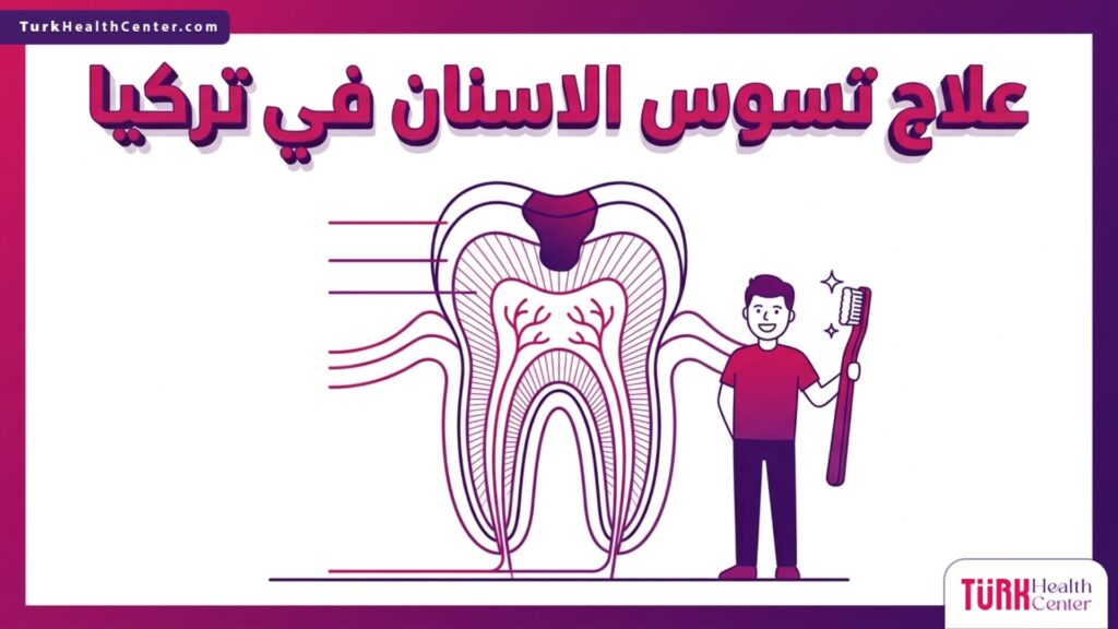 إنفوجرافيك تشريحي دقيق يوضح التركيب الداخلي للسن والخطوات العلمية المتبعة في علاج تسوس الاسنان في تركيا.