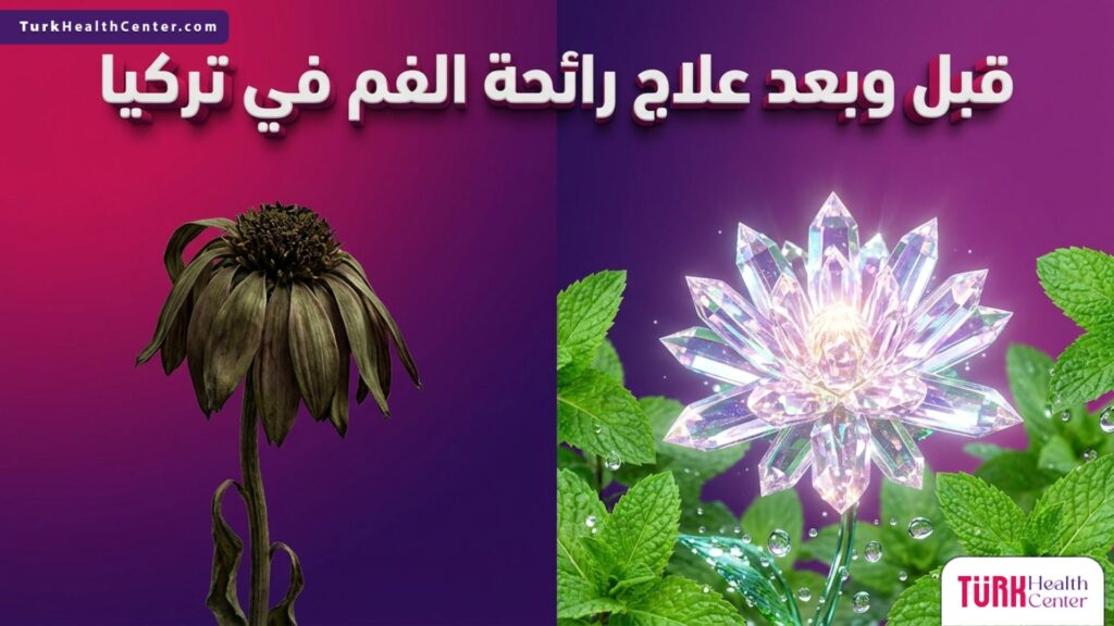 مقارنة مجازية قبل وبعد تمثل نتائج علاج رائحة الفم في تركيا وانتعاش النفس