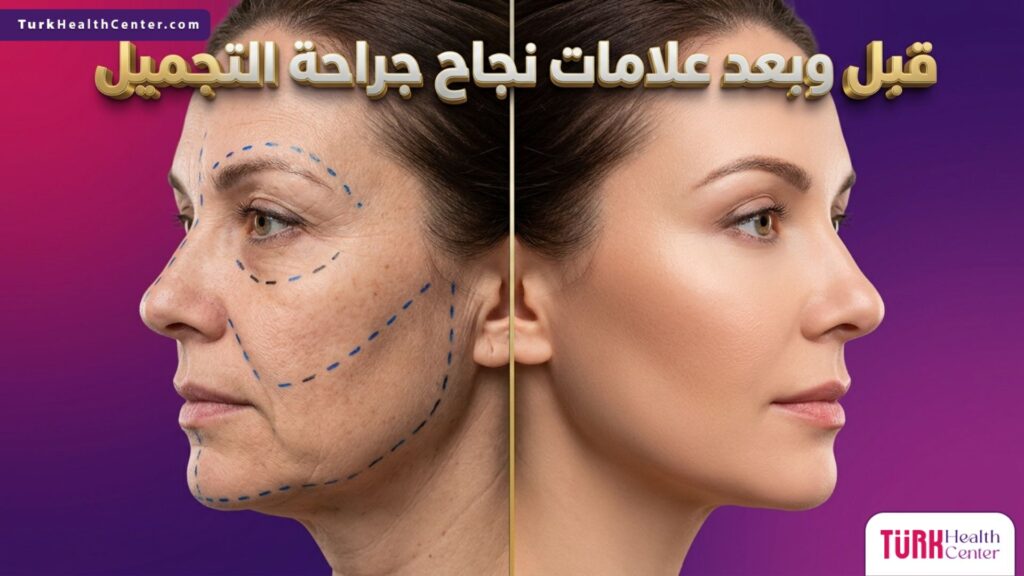 صورة واقعية مقسمة تظهر حالة المريض قبل الجراحة والنتائج المثالية التي تمثل علامات نجاح جراحة التجميل.