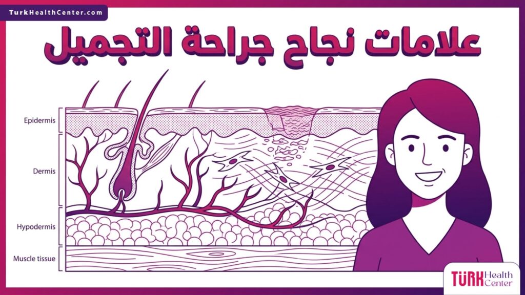 رسم بياني طبي يوضح التشريح الداخلي وطبقات الجلد كدليل علمي دقيق على علامات نجاح جراحة التجميل.