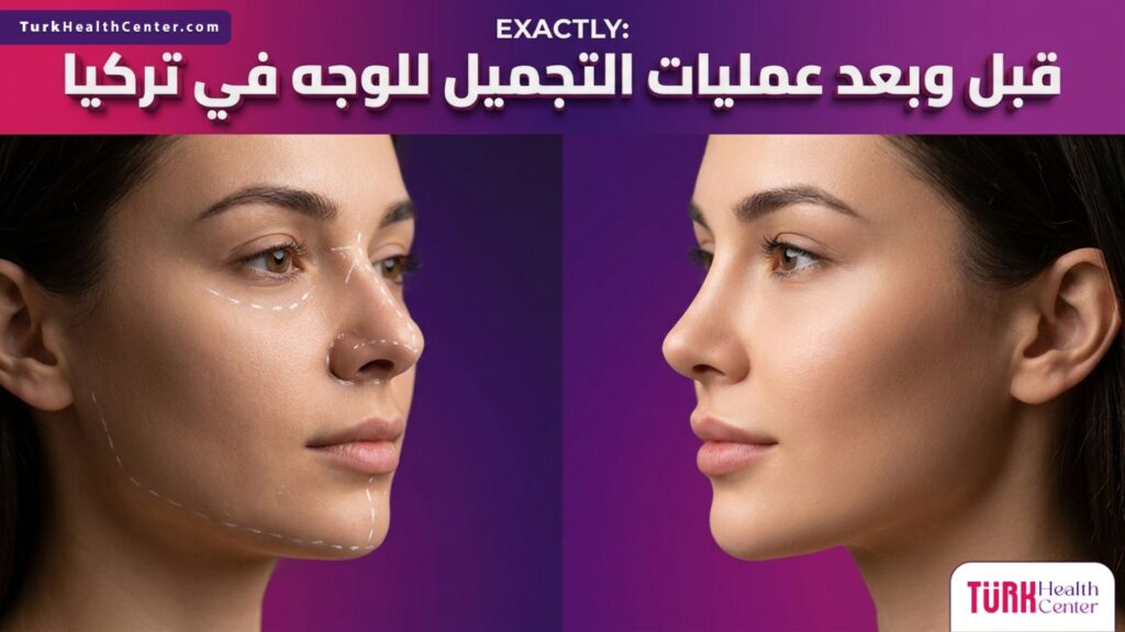 مقارنة قبل وبعد تظهر دقة التخطيط الجراحي لنتائج عمليات التجميل للوجه في تركيا.