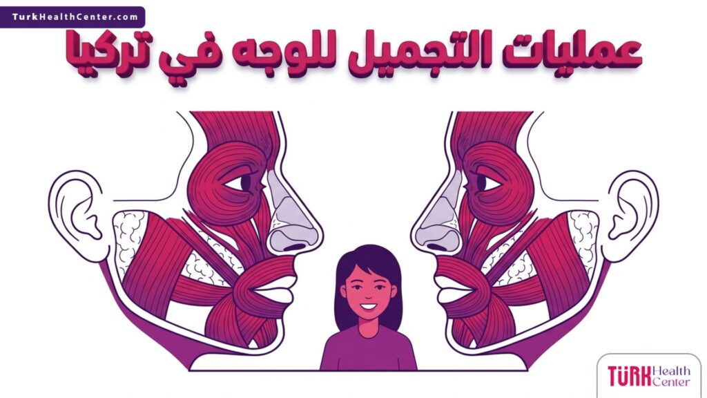 رسم توضيحي طبي يشرح التشريح الهيكلي الدقيق المستخدم في عمليات التجميل للوجه في تركيا.