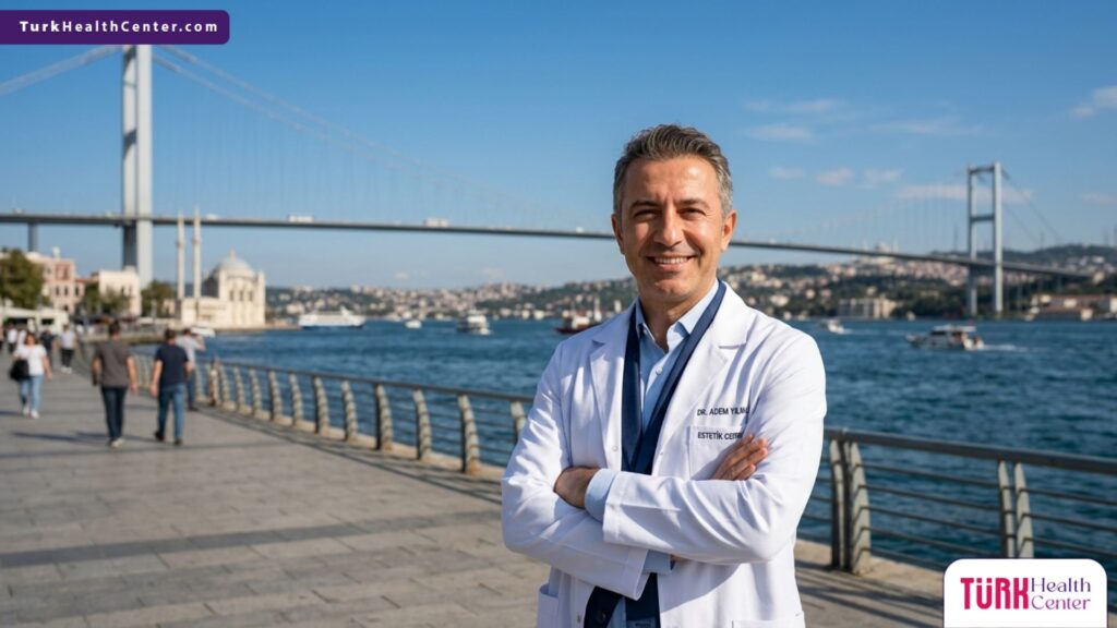 طبيب تجميل خبير أمام جسر البوسفور، يمثل التميز الطبي في عمليات التجميل للوجه في تركيا.