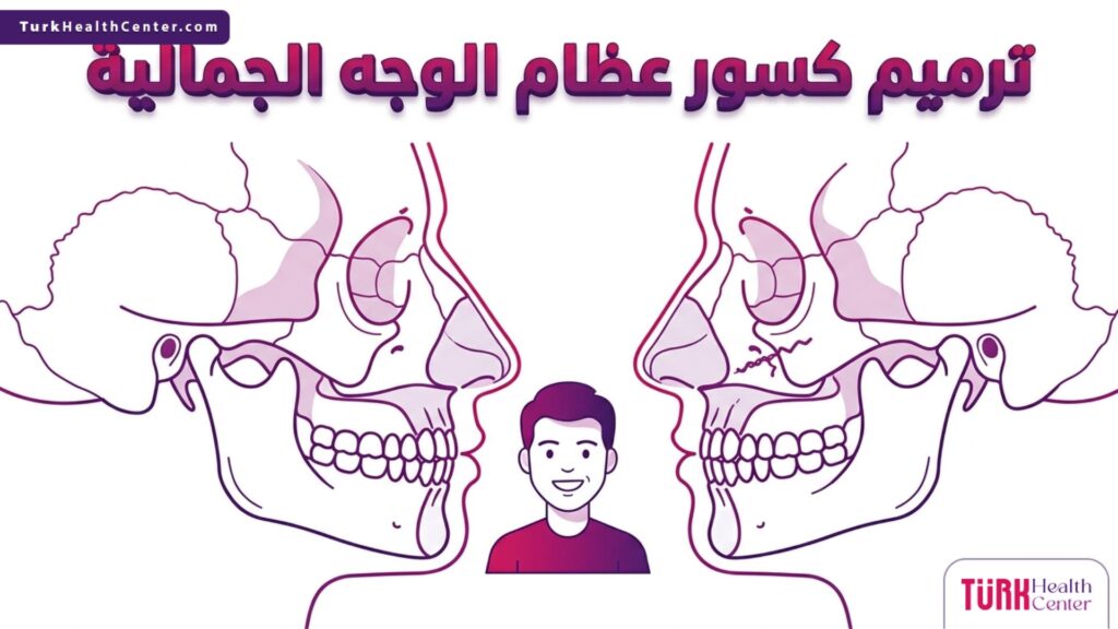 إنفوجرافيك طبي يوضح التشريح العلمي الدقيق لإجراءات ترميم كسور عظام الوجه الجمالية.