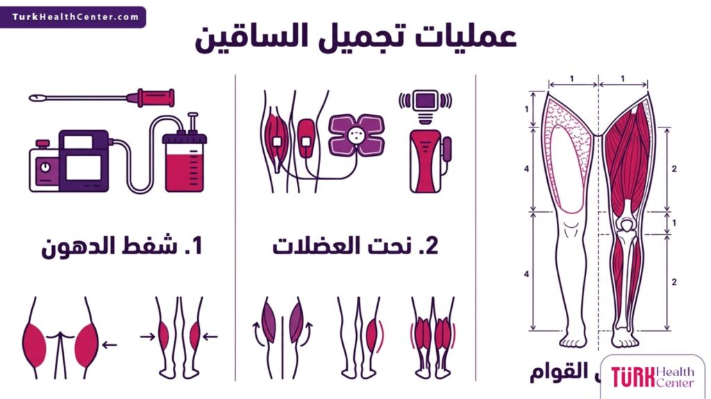 إنفوجرافيك مقسم يوضح خطوات عمليات تجميل الساقين من شفط الدهون ونحت العضلات وتناسق القوام.