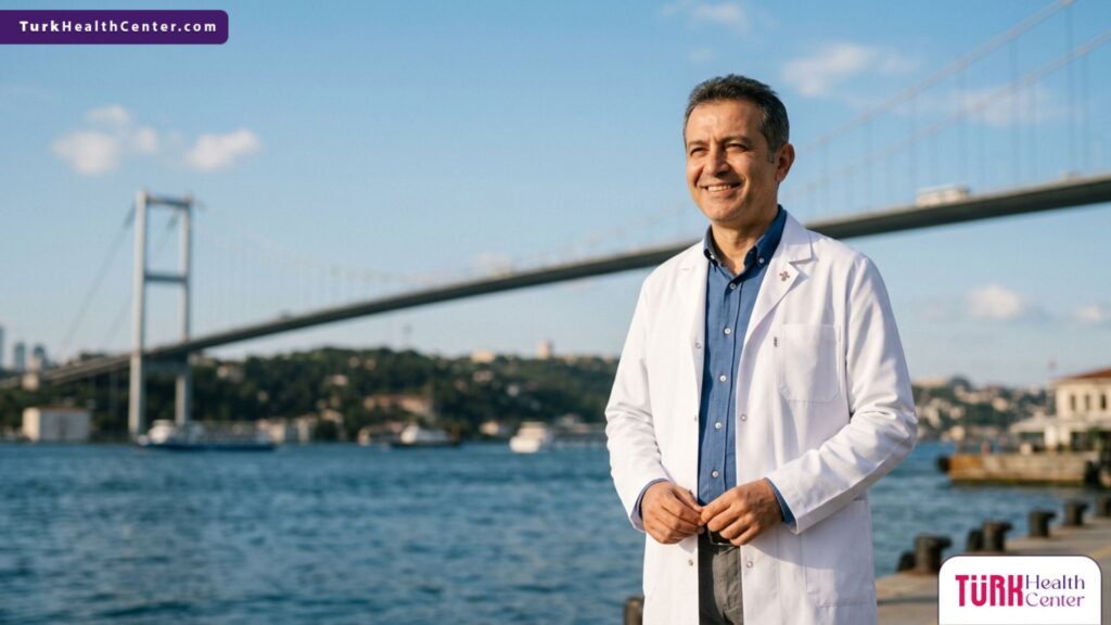 طبيب جراحة تجميل متخصص في عمليات تجميل الساقين يقف بثقة أمام جسر البوسفور في إسطنبول.