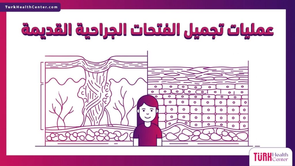 تصميم إنفوجرافيك طبي دقيق يوضح الطبقات الجلدية وكيفية عمل عمليات تجميل الفتحات الجراحية القديمة على المستوى التشريحي