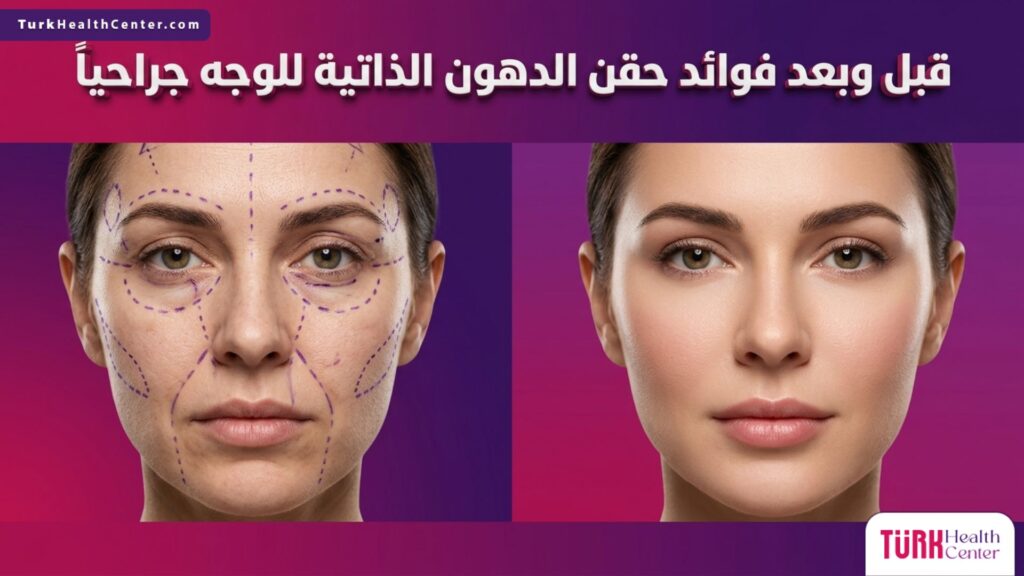 صورة واقعية مقسمة تظهر حالة الوجه قبل وبعد توضيح فوائد حقن الدهون الذاتية للوجه جراحياً.