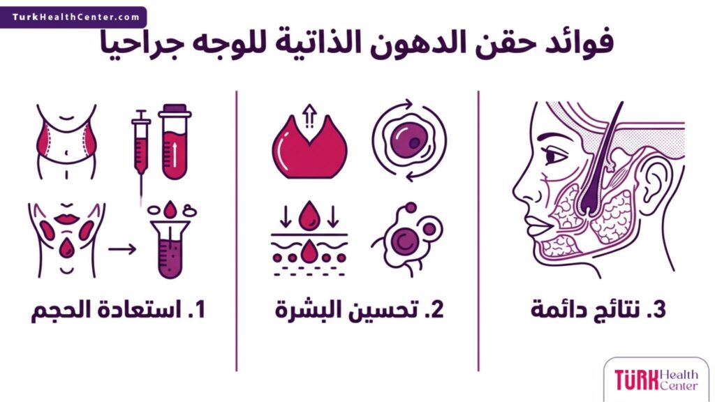 رسم بياني هندسي طبي يلخص أهم ثلاث نقاط حول فوائد حقن الدهون الذاتية للوجه جراحياً.