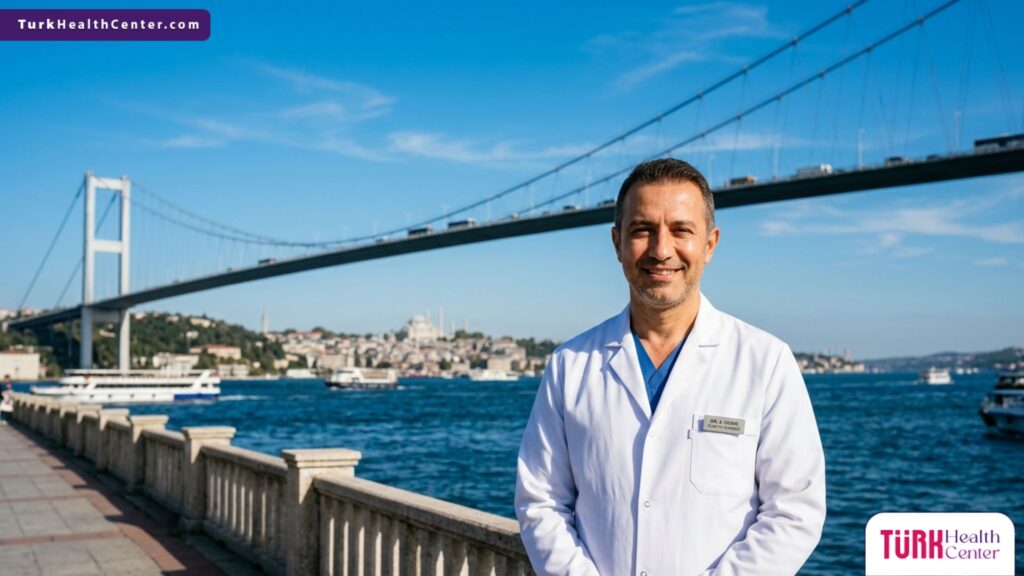 طبيب تقويم أسنان خبير يقف بثقة أمام جسر البوسفور في إسطنبول، تركيا، للإجابة عن كم يستغرق تقويم الاسنان.