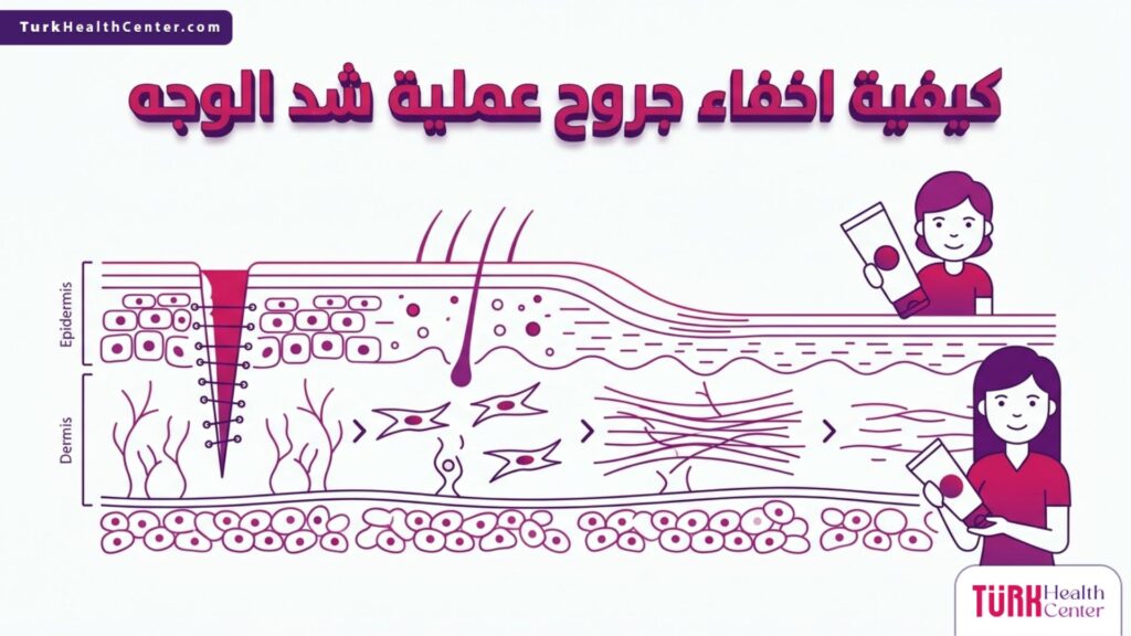 إنفوجرافيك تشريحي دقيق يوضح كيفية اخفاء جروح عملية شد الوجه ومراحل التئام طبقات الجلد
