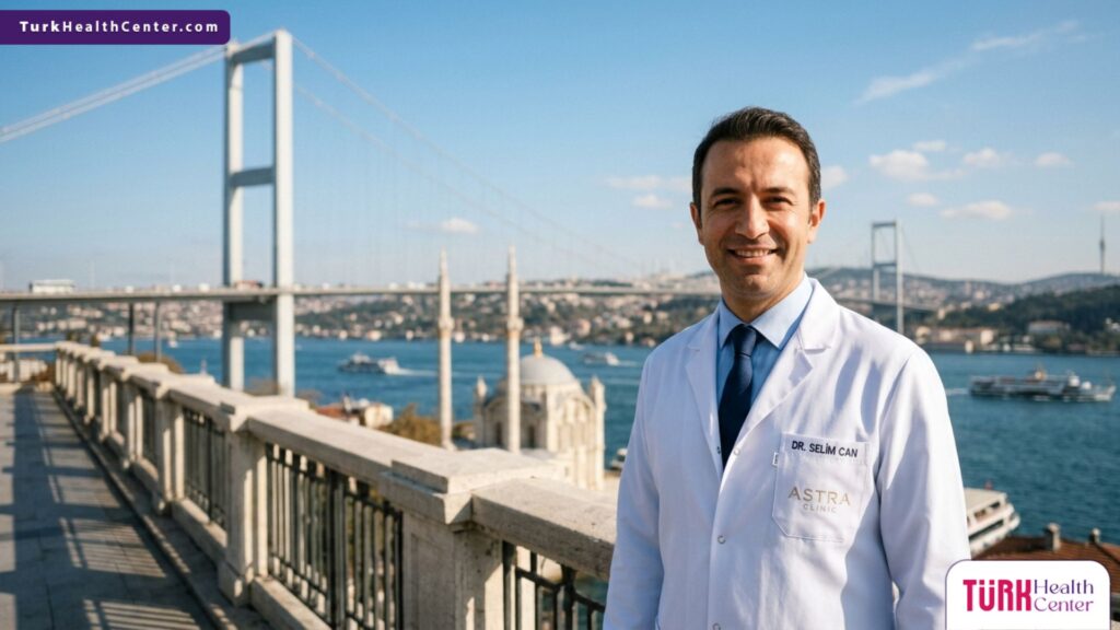 طبيب جراحة تجميل تركي خبير في كيفية اخفاء جروح عملية شد الوجه يقف أمام جسر البوسفور في إسطنبول