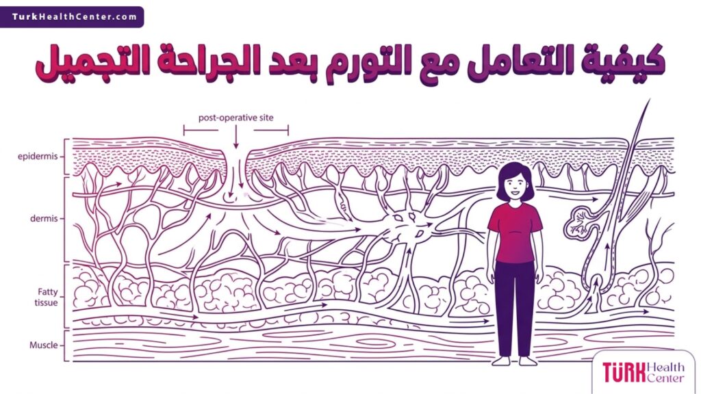 إنفوجرافيك طبي تشريحي يوضح مسار السوائل اللمفاوية و كيفية التعامل مع التورم بعد الجراحة التجميل.