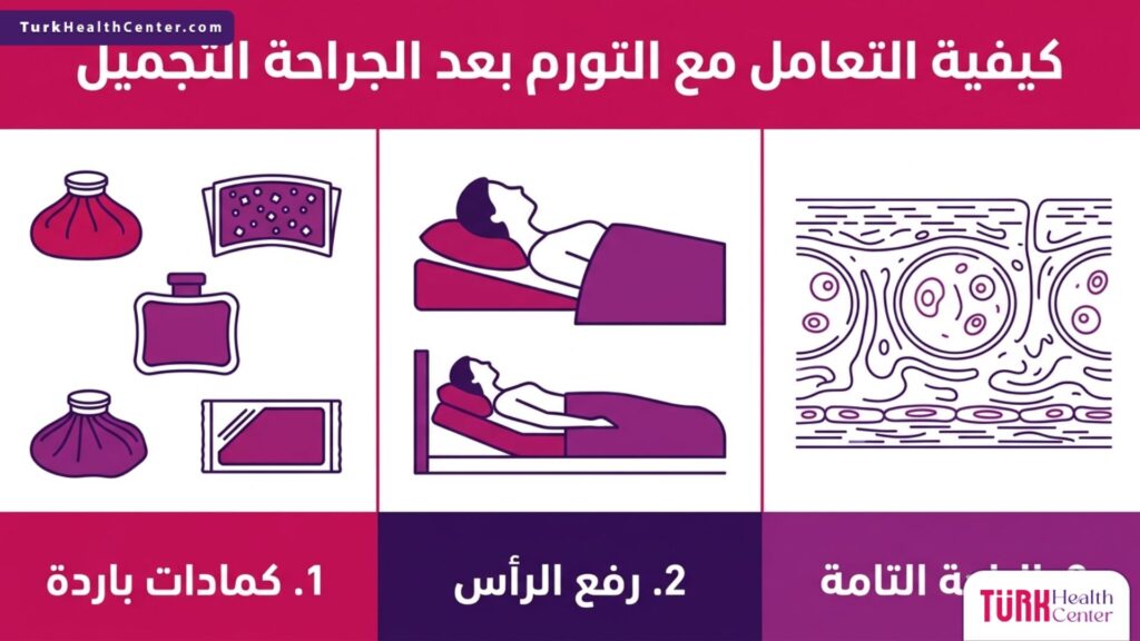 تصميم إنفوجرافيك يوضح ثلاث خطوات أساسية في كيفية التعامل مع التورم بعد الجراحة التجميل.