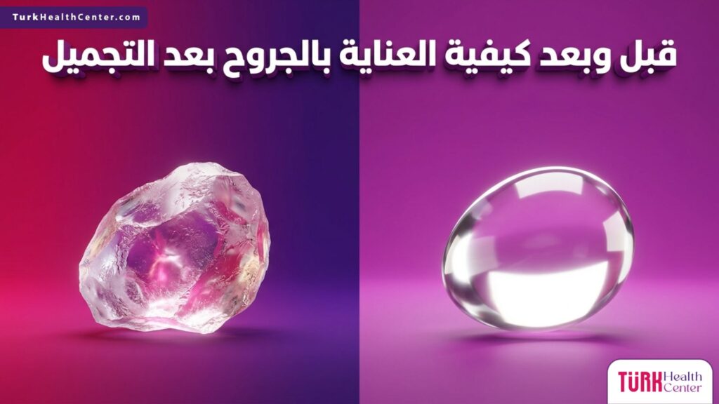 صورة مقسمة توضح مفهوم قبل وبعد كيفية العناية بالجروح بعد التجميل باستخدام عناصر كريستالية طبية.