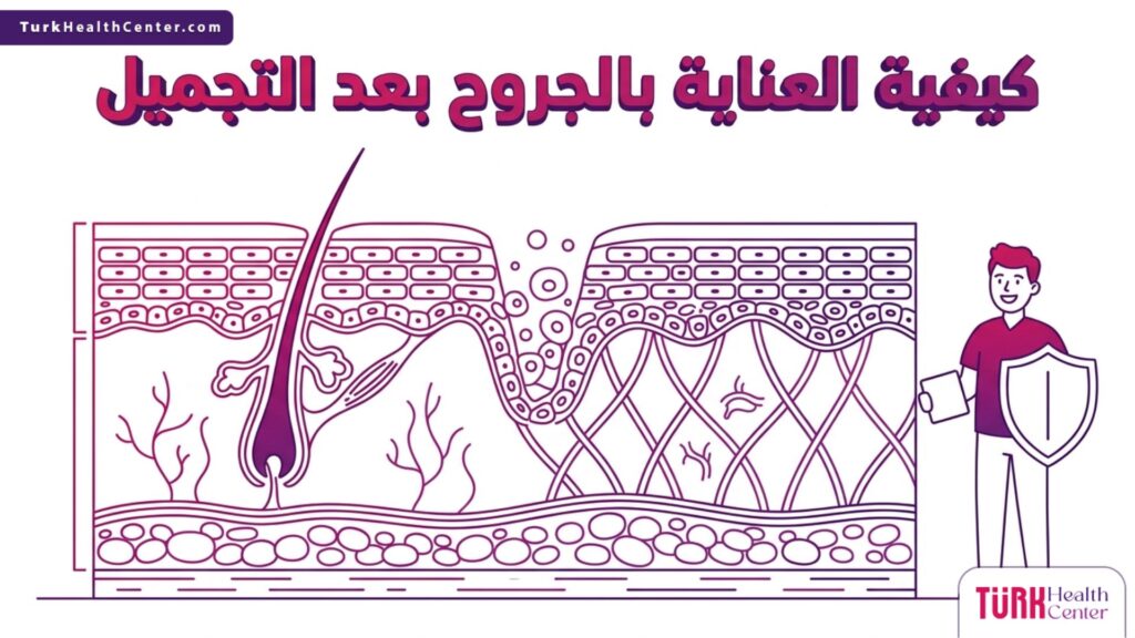 إنفوجرافيك تشريحي دقيق يوضح الطبقات الجلدية وعملية الشفاء المرتبطة بموضوع كيفية العناية بالجروح بعد التجميل.