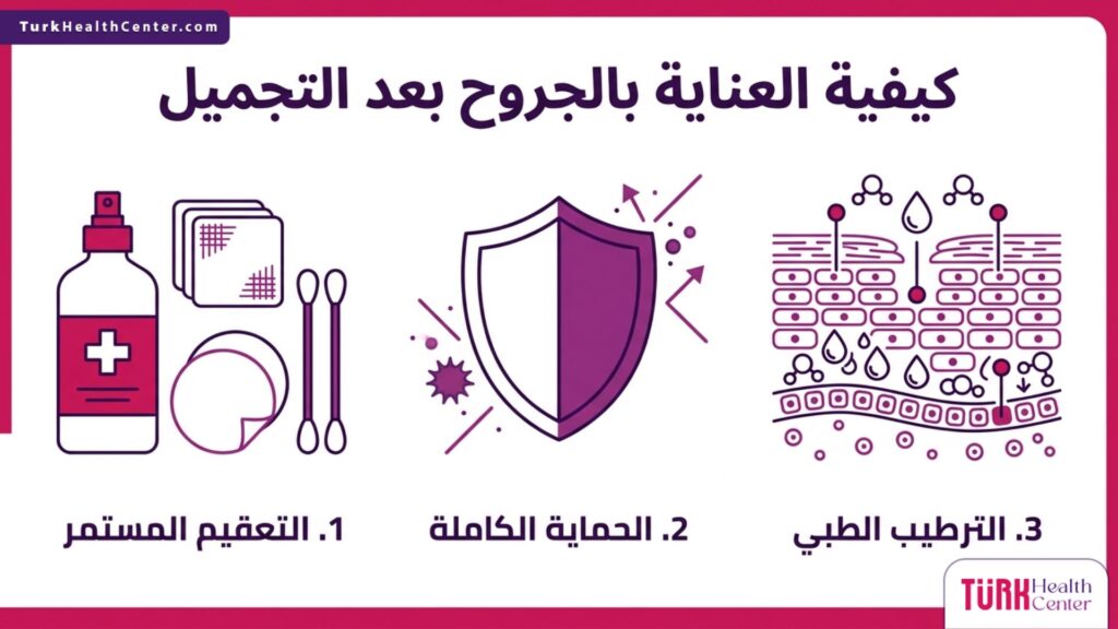 إنفوجرافيك مقسم إلى 3 خطوات رئيسية تشرح قواعد كيفية العناية بالجروح بعد التجميل بأسلوب المخطط الطبي.