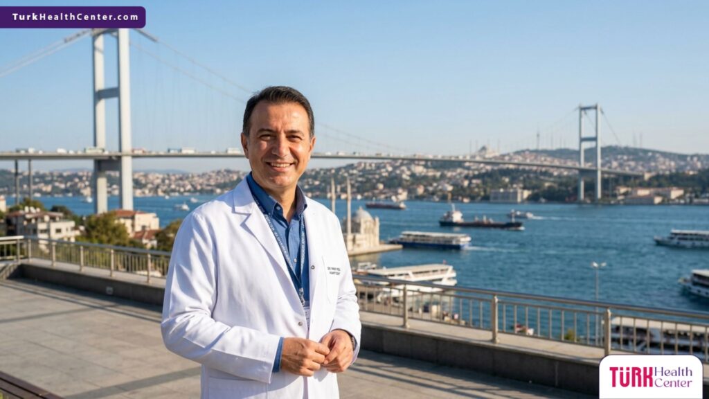 طبيب تجميل خبير يقف بثقة أمام جسر البوسفور في إسطنبول، يقدم استشارات حول كيفية العناية بالجروح بعد التجميل.