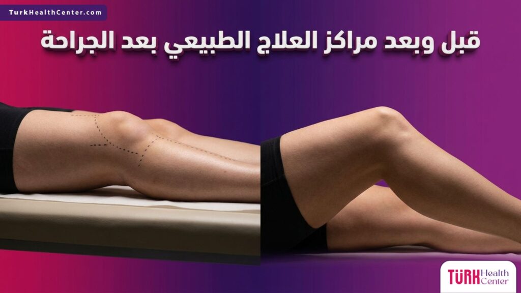 صورة مقسمة تظهر حالة المفصل قبل وبعد تلقي الرعاية المتخصصة في مراكز العلاج الطبيعي بعد الجراحة، مع إبراز التعافي التام.