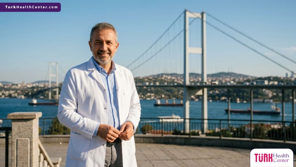 خبير تأهيل طبي مبتسم يمثل أفضل مراكز العلاج الطبيعي بعد الجراحة يقف أمام جسر البوسفور في إسطنبول، تركيا.