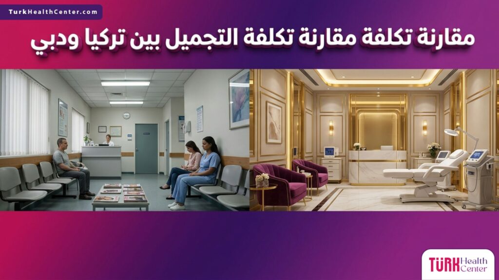 مقارنة بصرية بين العيادات القياسية والأجنحة الطبية الفاخرة لتوضيح مقارنة تكلفة التجميل بين تركيا ودبي.