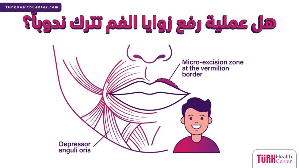 رسم تشريحي طبي يوضح العضلات وموقع الشق الجراحي للإجابة الدقيقة عن هل عملية رفع زوايا الفم تترك ندوباً؟