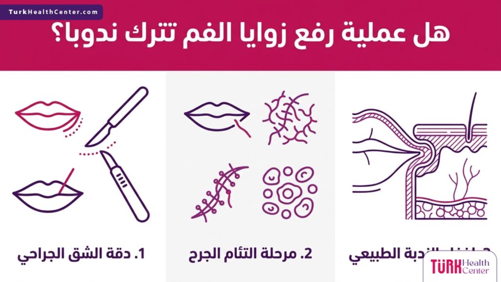 إنفوجرافيك طبي يشرح مراحل الاستشفاء ومصير الجروح عند البحث عن هل عملية رفع زوايا الفم تترك ندوباً؟