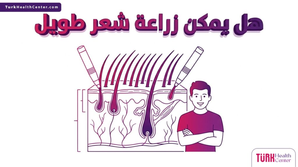 مخطط طبي تشريحي يوضح آلية غرس البصيلات الطويلة للإجابة عن هل يمكن زراعة شعر طويل باستخدام أقلام الاقتطاف
