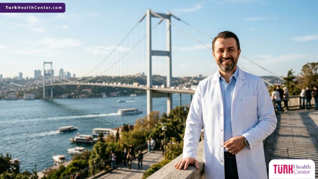 طبيب خبير في اسطنبول أمام جسر البوسفور يشرح للمرضى هل يمكن أن يسقط الشعر بعد عملية زراعة الشعر ؟ بكل ثقة.