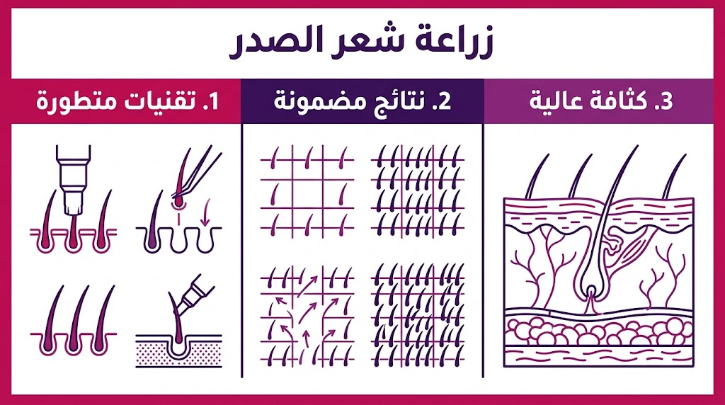  إنفوجرافيك طبي يشرح مزايا زراعة شعر الصدر من حيث التقنيات المتطورة والنتائج المضمونة والكثافة العالية.