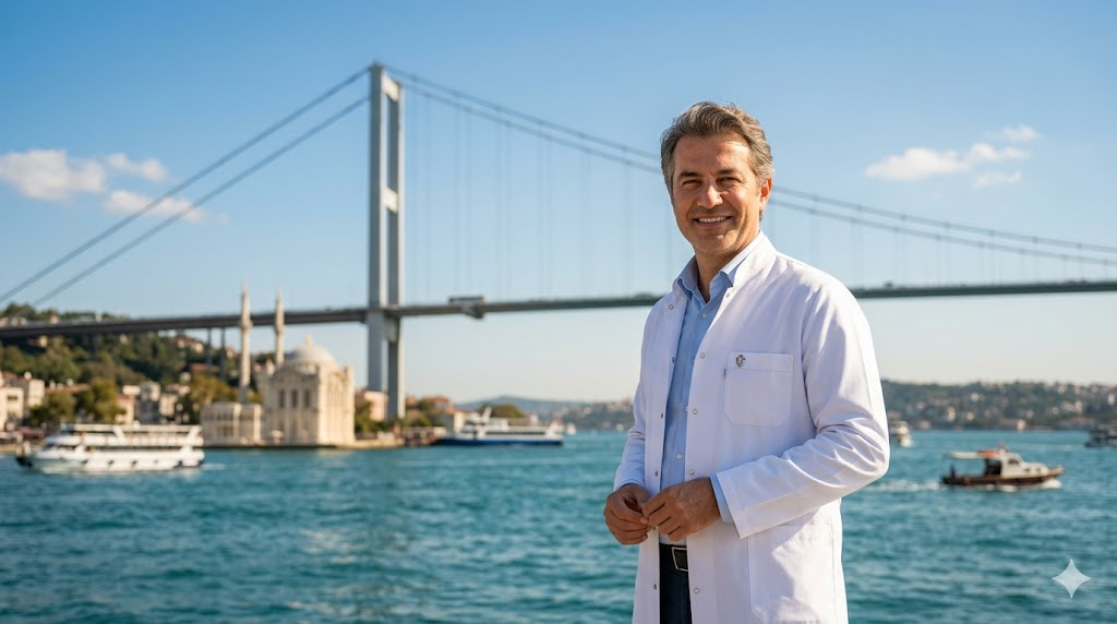  طبيب مختص في تجميل الصوت في تركيا يقف أمام جسر البوسفور في إسطنبول.