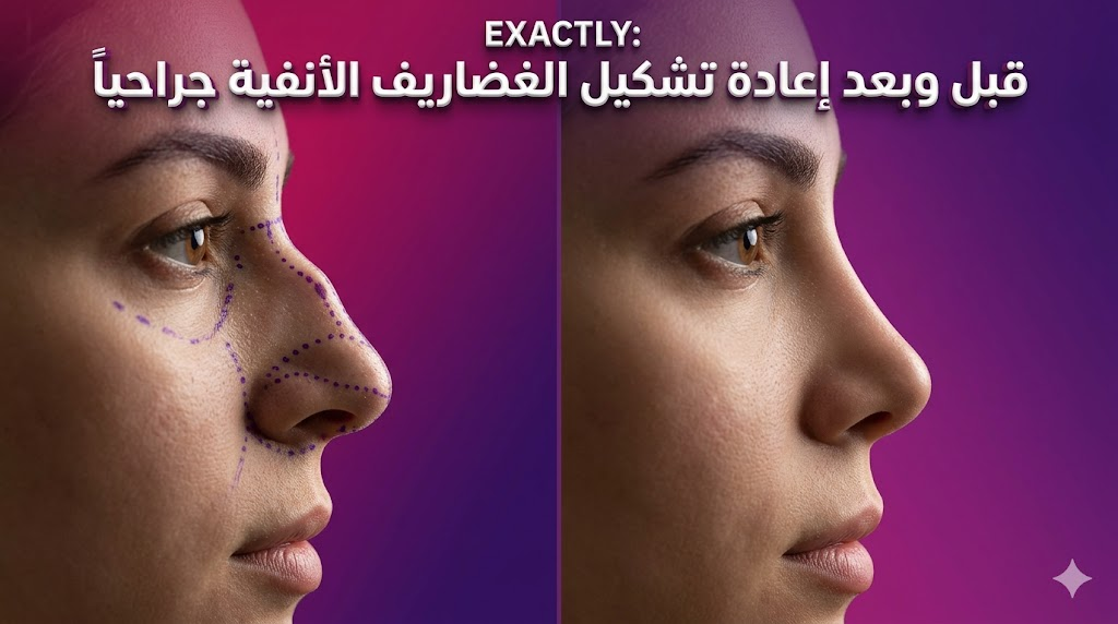  مقارنة قبل وبعد توضح نتائج إعادة تشكيل الغضاريف الأنفية جراحياً مع علامات التخطيط الجراحي.