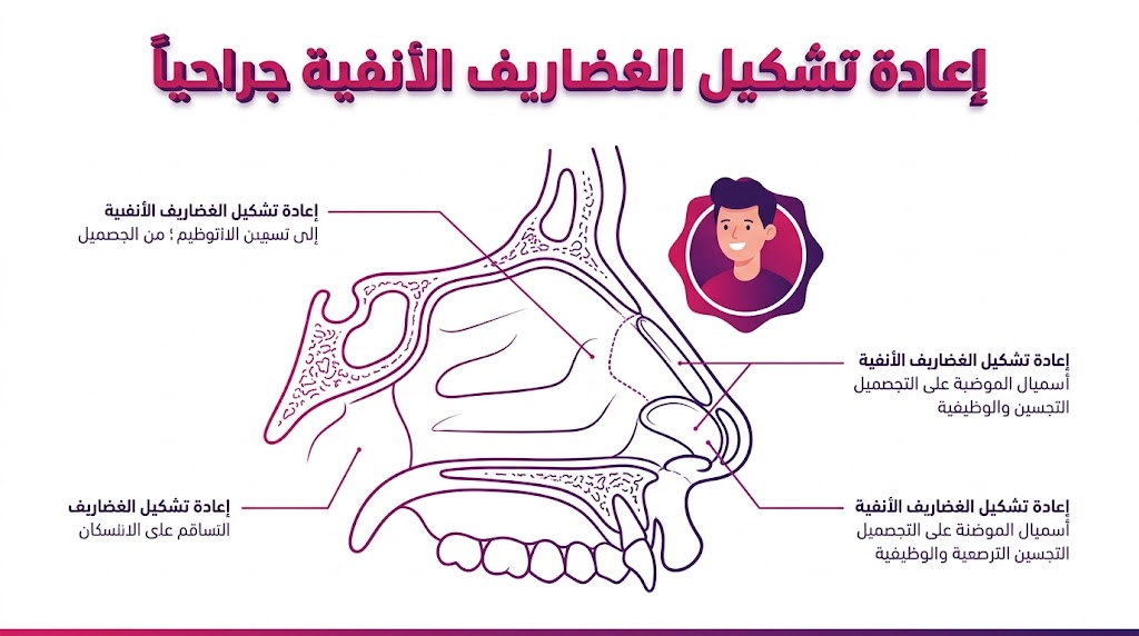 إنفوجرافيك طبي يوضح الهيكل التشريحي الداخلي لعملية إعادة تشكيل الغضاريف الأنفية جراحياً بشكل مبسط.