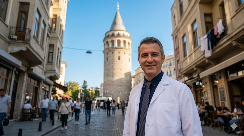  طبيب تجميل متخصص يقف أمام برج غالاتا في إسطنبول، يمثل وجهة عمليات تجميل الصوت في تركيا.