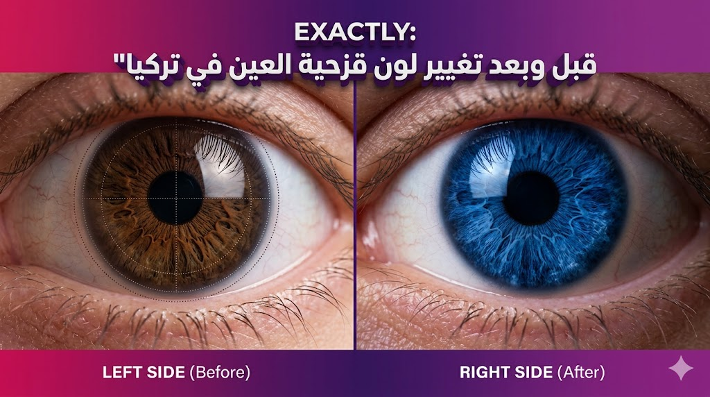 مقارنة قبل وبعد تظهر نتائج تغيير لون قزحية العين في تركيا من اللون البني إلى الأزرق الساطع بتقنية احترافية.
