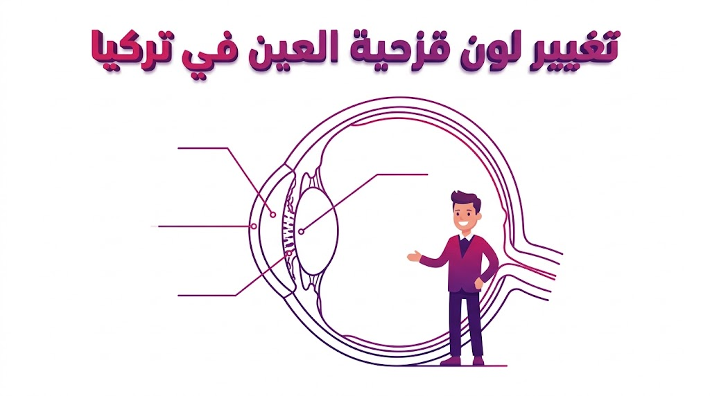 مخطط تشريحي تعليمي يوضح العملية العلمية لـ تغيير لون قزحية العين في تركيا وكيفية استهداف طبقات القرنية.