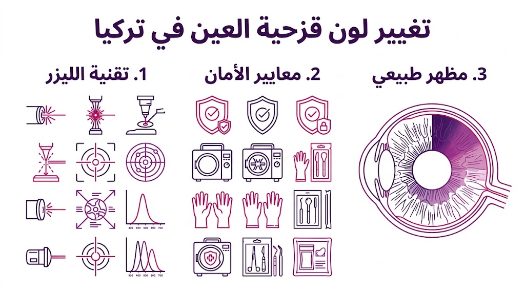 إنفوجرافيك طبي يوضح مراحل ومميزات تغيير لون قزحية العين في تركيا من حيث التقنية والأمان والنتائج.