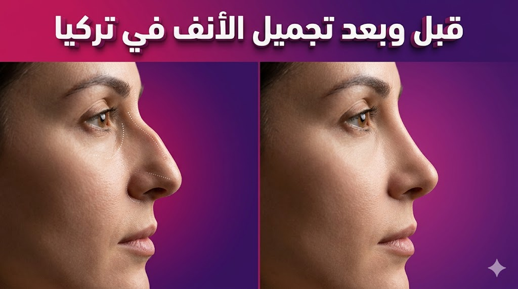  مقارنة واقعية قبل وبعد تجميل الأنف في تركيا توضح التغيير الجمالي في شكل الأنف وتناسقه.