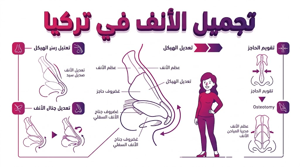 مخطط تشريحي علمي بنمط الفيكتور يوضح تفاصيل بنية الأنف المستخدمة في تجميل الأنف في تركيا.