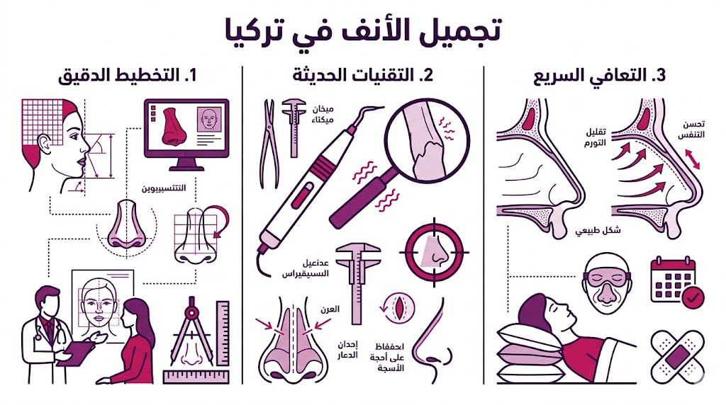 إنفوجرافيك طبي يوضح مراحل عملية تجميل الأنف في تركيا من التخطيط إلى التعافي.