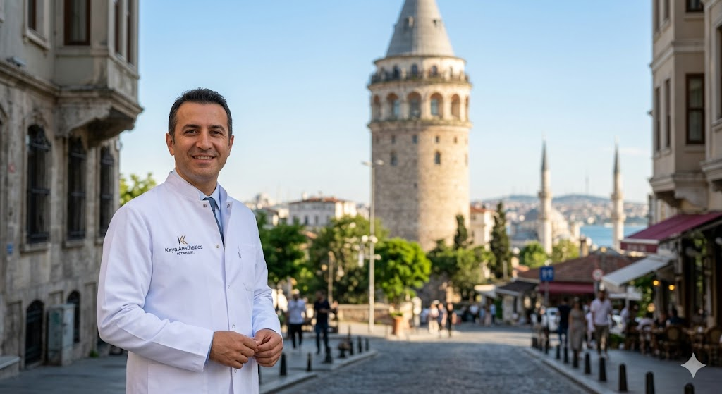  جراح تجميل مبتسم أمام برج غالاتا في إسطنبول، يمثل الثقة والجودة في تجميل الأنف في تركيا.