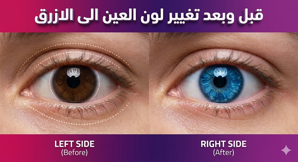 صورة فوتوغرافية واقعية مقسمة لقبل وبعد عملية تغيير لون العين الى الازرق، تظهر العين باللون الطبيعي البني مع علامات طبية قبل العملية على اليسار، والعين الزرقاء الفاتنة بعد الشفاء على اليمين.
